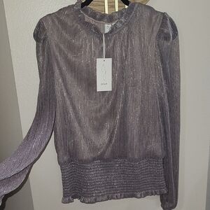 NWT JOIE Champagne Gold Pink Shimmer Sheer Blouse Size XL Smocked Waist Romantic